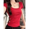 Red French Retro Square Collar Exposed Collarbone Temperament Bow Hollow Summer Short-sleeved T-shirt Slim Fit Top