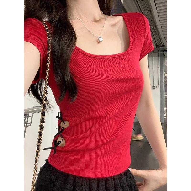 Red French Retro Square Collar Exposed Collarbone Temperament Bow Hollow Summer Short-sleeved T-shirt Slim Fit Top