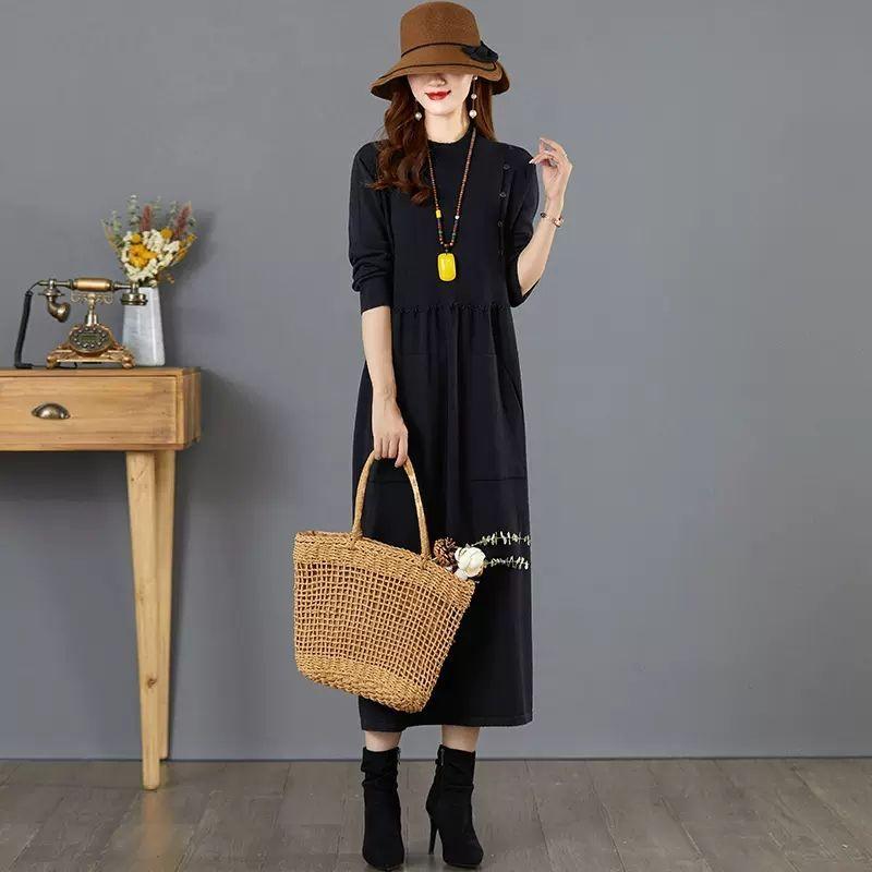 Осенне-зимняя вязаная женская длинная юбка до колена с пальто под и внешним карманом и пуловером с круглым вырезом