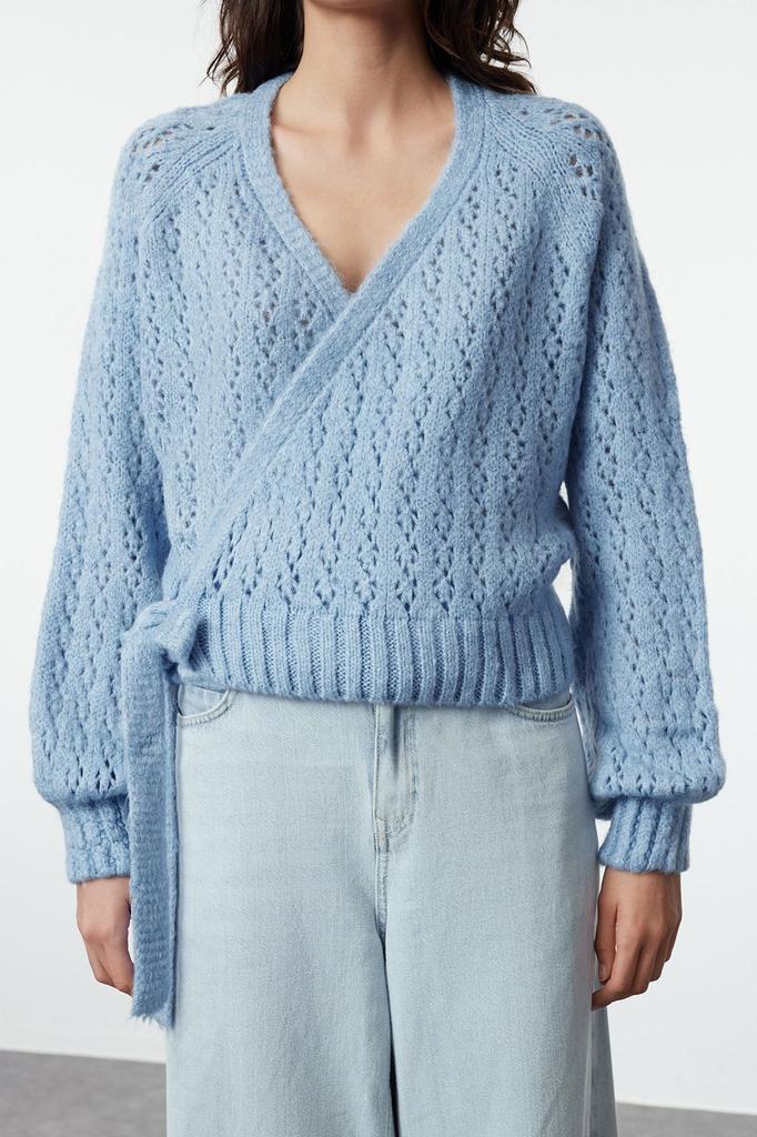 Women's Fashionable Stylish Sweater Blue Soft Textured Openwork Hole Lacing Detailed Knitwear Sweater