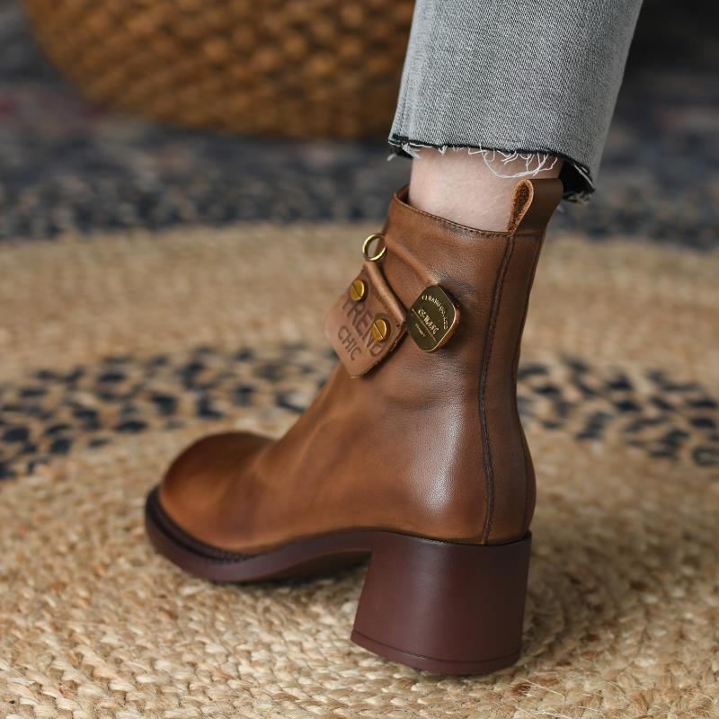 Новые осенние короткие сапоги женские ретро на высоком каблуке зимние кожаные женские сапоги женские сапоги на толстом каблуке сапоги на платформе