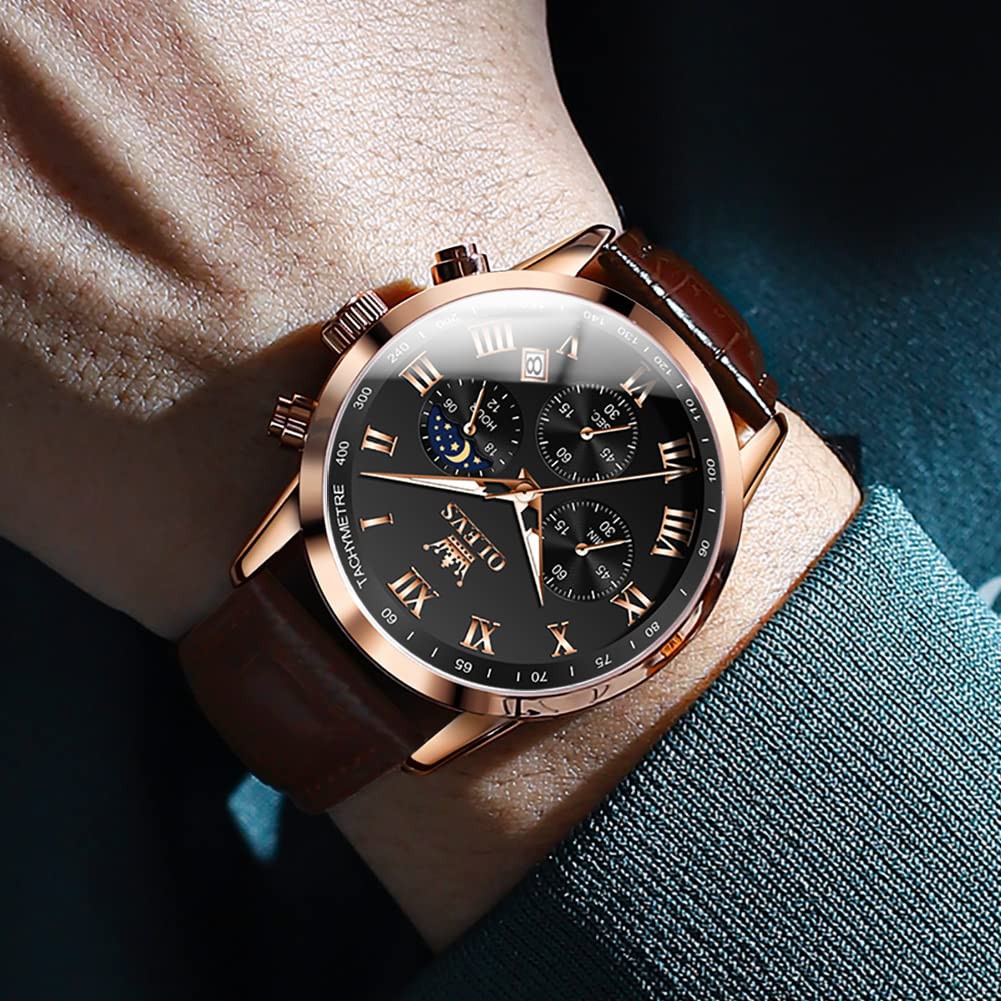 OLEVS Men Watch Brown Leather Strap Chronograph Waterproof Roman Numeral Dial Analog Quartz Wristwatch