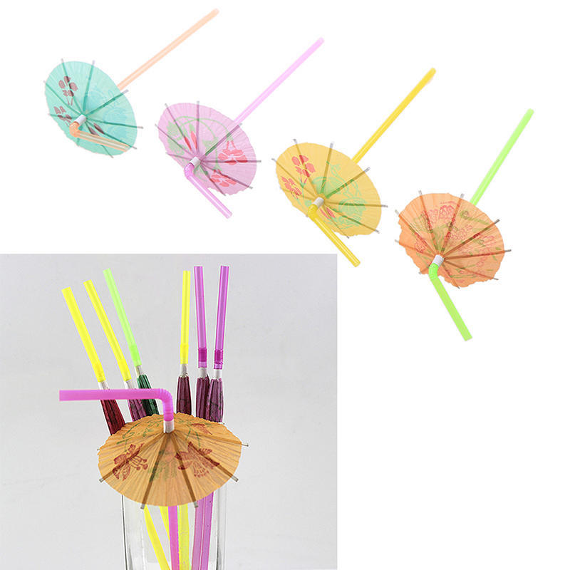 50Pcs Fruit Juice Cocktail Straws Beach Party Umbrella Plastic Drinking Straws