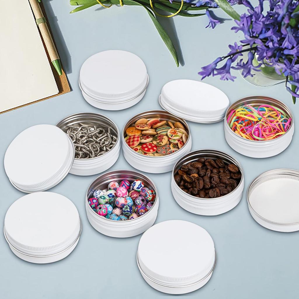 Foraineam 48 Pack 2 oz White Lip Balm Tin Cans, Aluminum Round Cosmetic Sample Containers with Screw Lid, Storage Travel Tin Jars Metal Empty Tins