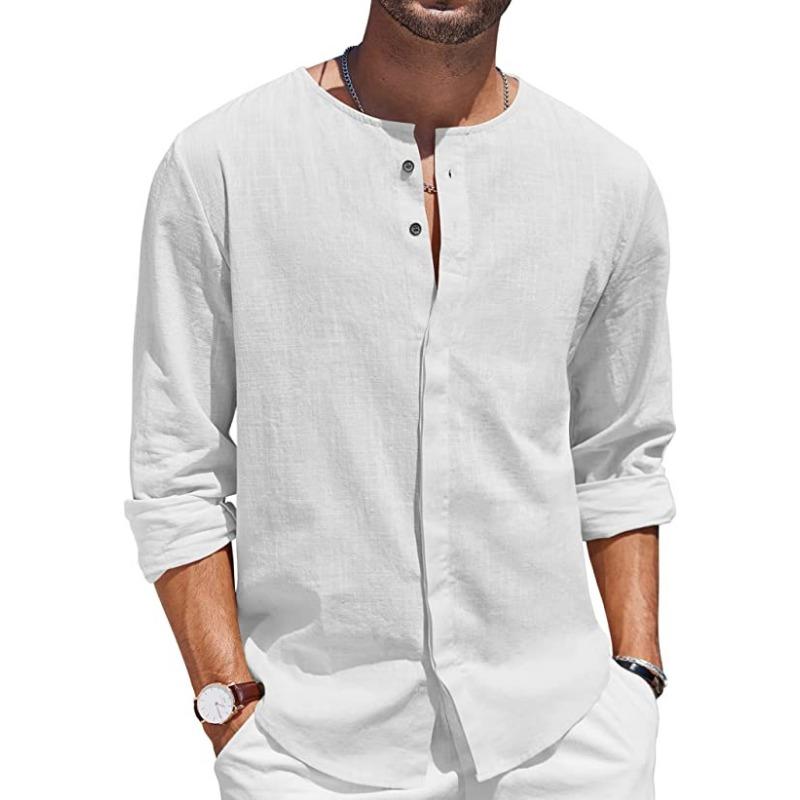 Foreign Trade Men's Cotton and Linen Shirt Long-sleeved T-shirt Button-neck Casual Beach Shirt