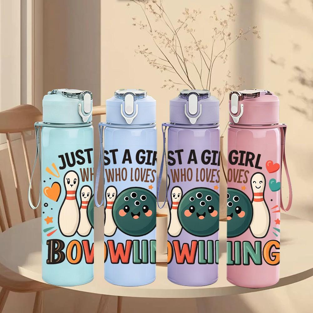 1PC Girl Loves Bowling Text Print 750ml Color Plastic Sports Water Bottle Leakproof Flip Straw Lid Suitable for Sports Office Home Use