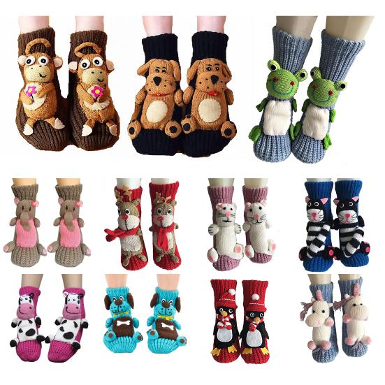 1 Pair Winter Socks 3D Cartoon Animal Socks Knitted Anti-slip Mid-tube Thickened Elastic Keep Warm Floor Socks with Silicone Dot Soles