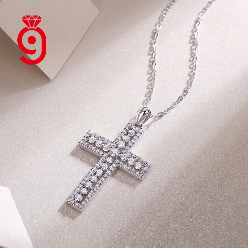 Sterling Silver Trendy Cross Necklace Moissanite Pendant Style Gold Plated Link Chain Engagement Women Chain Necklace