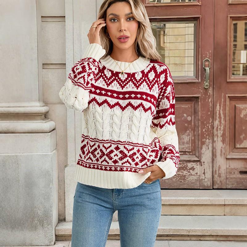 Womens Cozy Nordic Vintage Knit Sweater With Ethnic Round Neck Long Sleeve Loose Fit Winter