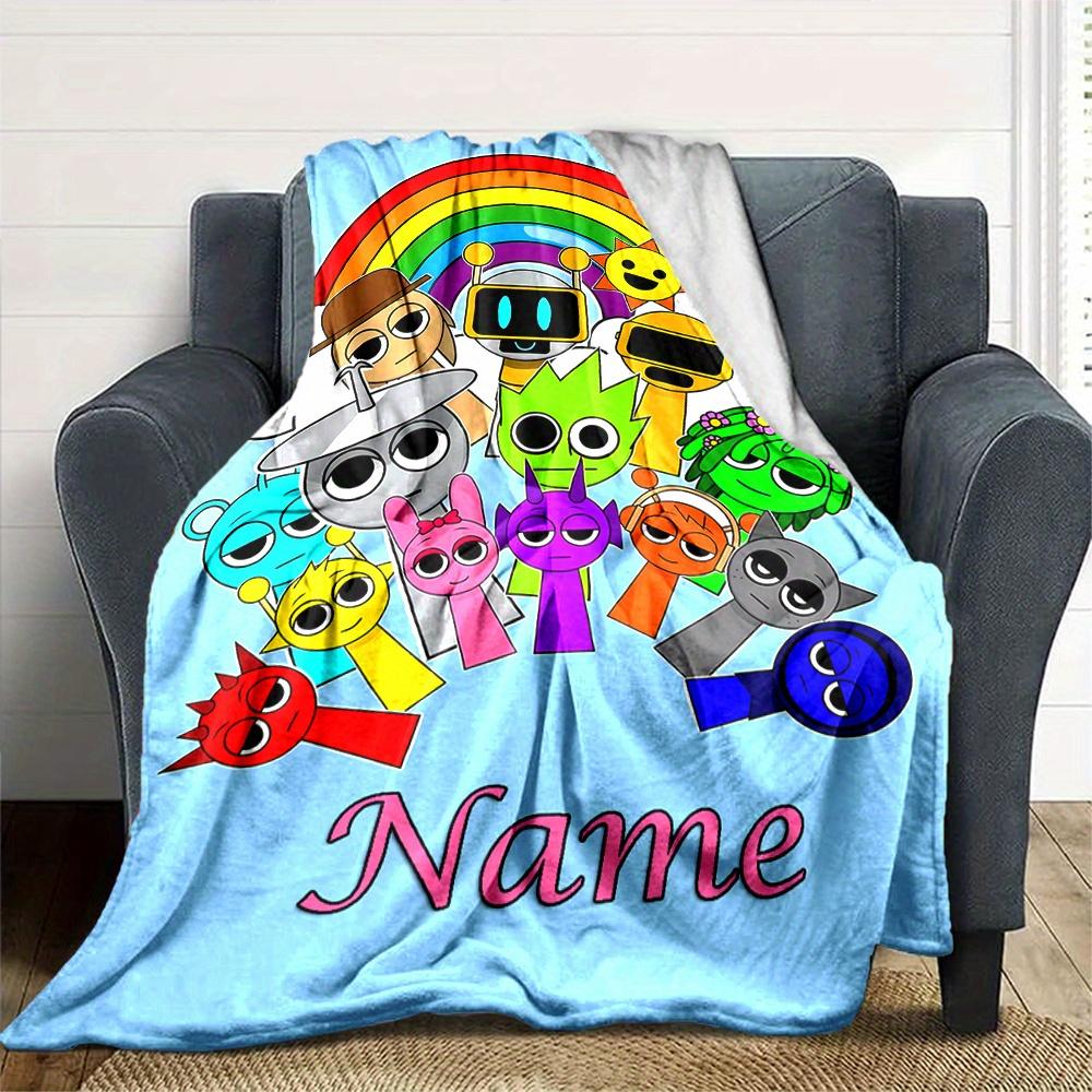 Cute Cartoon Characters Rainbow Scene Flannel Blanket With Customizable Name Comfortable In All Seasons Suitable For Sofas Beds Travel Camping And