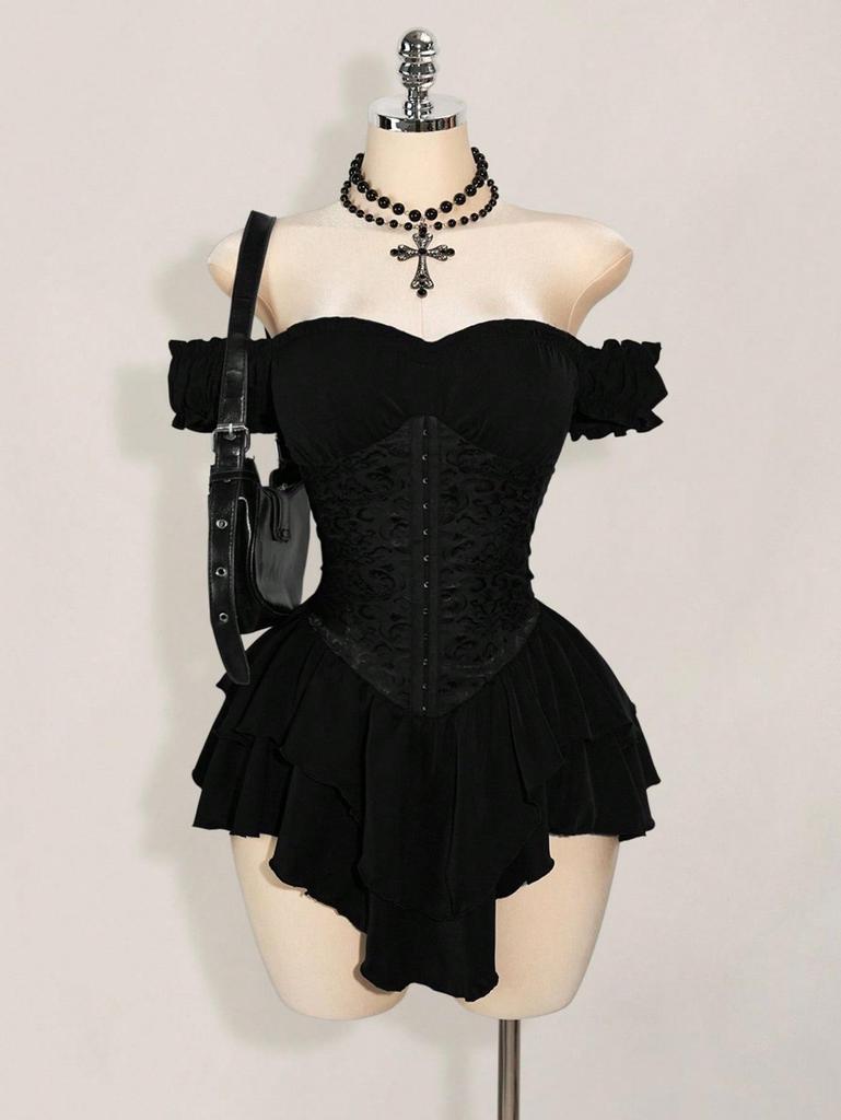 Off-Shoulder Jacquard Patchwork Ruffled Chiffon A-line Mini Dress
