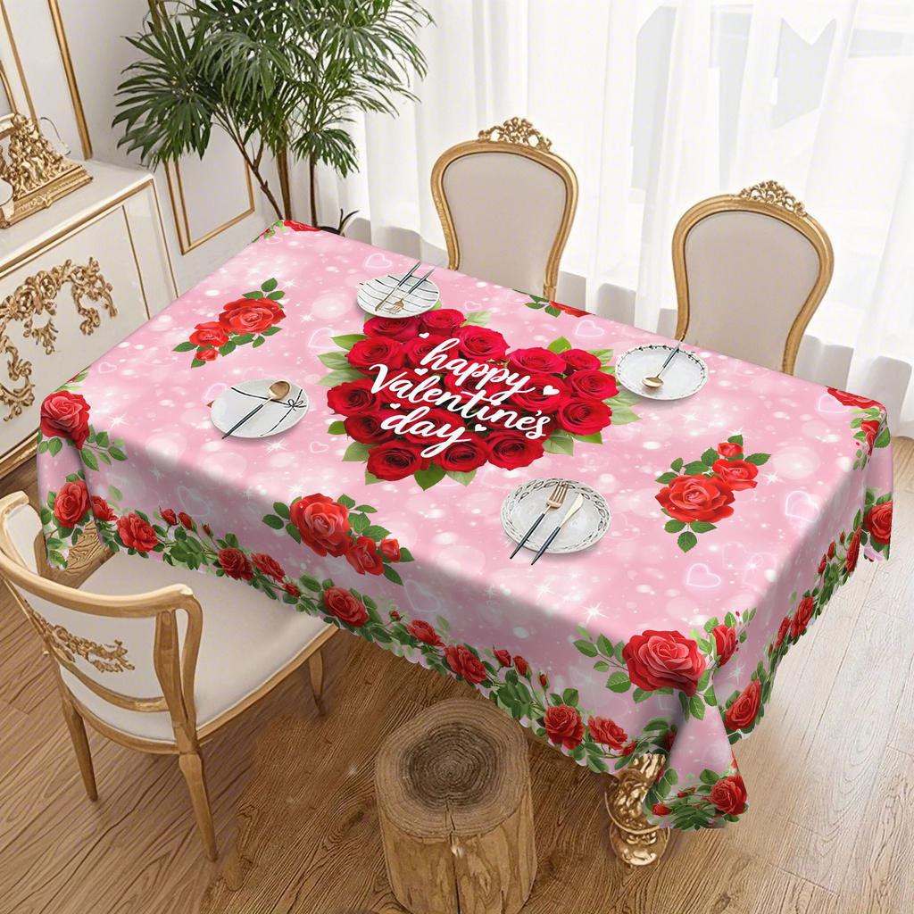 Pink Rose Love Happy Valentine'S Day Round Tablecloth, Valentine'S Day Square Tablecloth