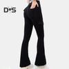 Women Flared Pants Elastic High Waist Wide Leg Casual Trousers with Flap Pockets Solid Color Cargo Pants Daily Wear