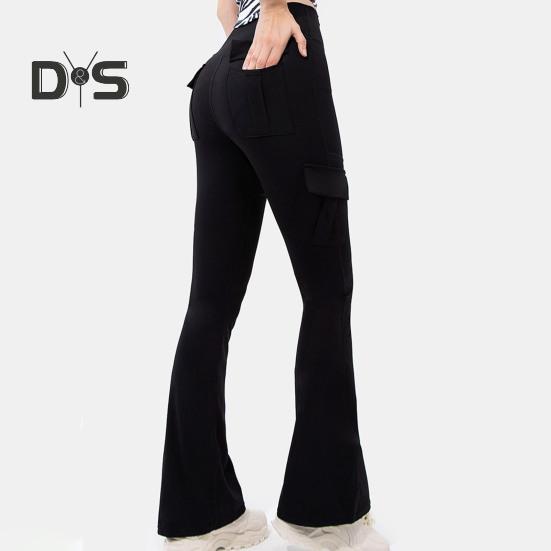 Women Flared Pants Elastic High Waist Wide Leg Casual Trousers with Flap Pockets Solid Color Cargo Pants Daily Wear