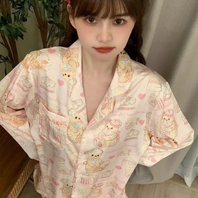 Ice Silk Pajamas Women's Spring and Autumn New Cute Bear Cake High-end Summer Home Clothes Long Sleeve Outwear