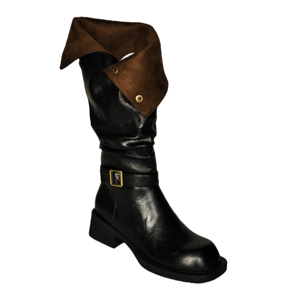 Cowhide Version~ Retro Western Cowboy Boots Women's Round Head Metal Buckle Two Wear Lapel Folds Thin Thick Heel Knight Boots