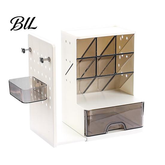 Compact Plastic Desk Shelf Pen Organizer with Retractable Bookends And Pegboard, Multi-Functional Angled Makeup Space Saving Craft Tool Storage Brush