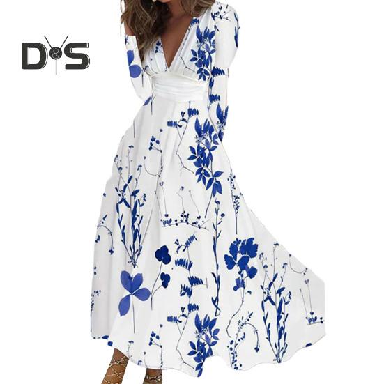 Women Elegant Floral Print Maxi Dress V Neck Long Sleeve High Waist Gown Dress A Line Long Dress Streetwear