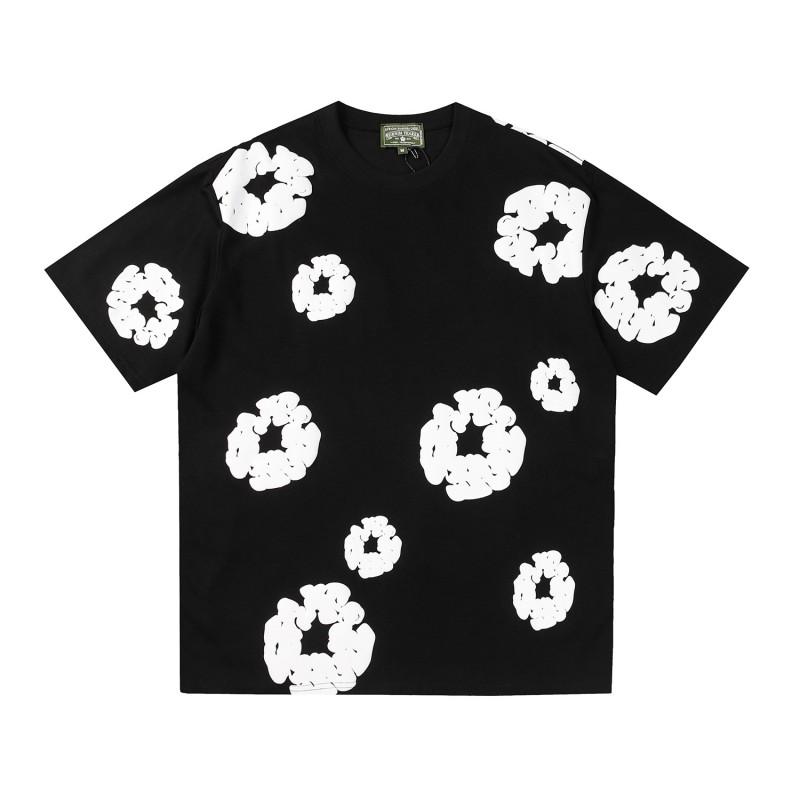 Cotton Short Sleeve T-Shirt With 3D Puff Floral Print Unisex Loose Fit Streetwear Tee