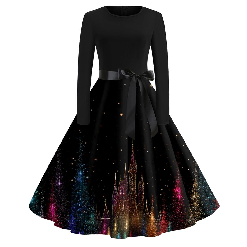 Women's Casual Fashion Round Neck Long Sleeve Christmas Printed Party Vintage Long Dresses
