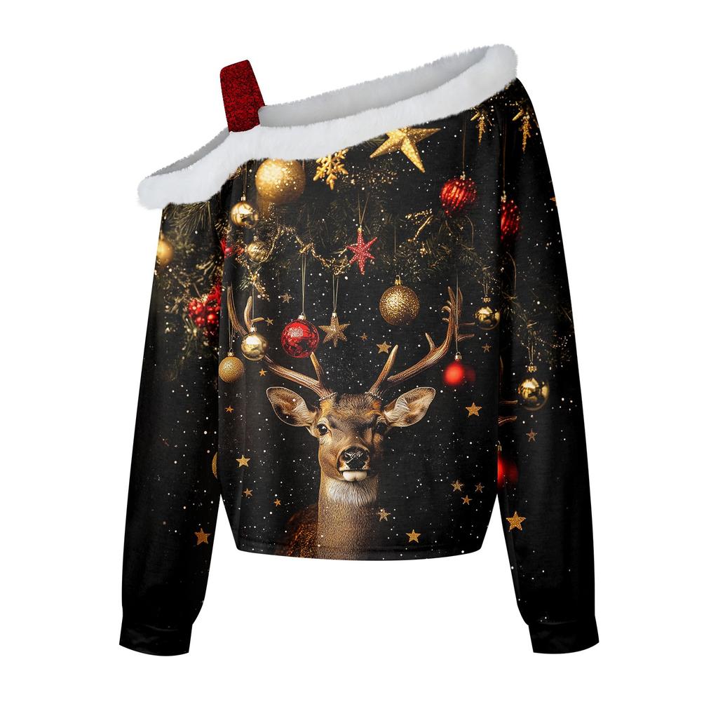 Женские топы с длинными рукавами. Модные женские свободные пуловеры с открытыми плечами с рождественским принтом.