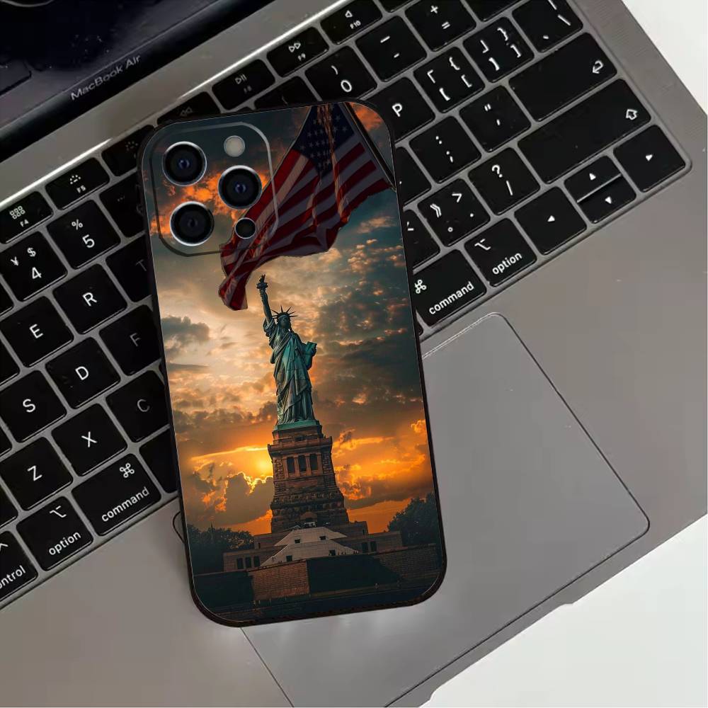 Америка США Флаг Статуя Свободы Чехол для телефона Для iPhone 17,16,15,14,13,12,11 Plus,Pro Max,XS,Мягкий силиконовый Черный чехол
