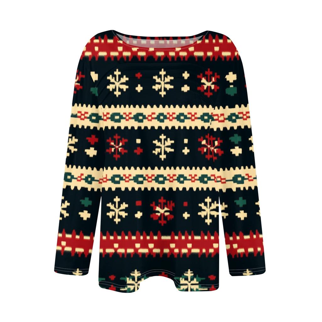 Женская футболка с круглым вырезом и длинными рукавами с принтом рождественской елки и снежинки