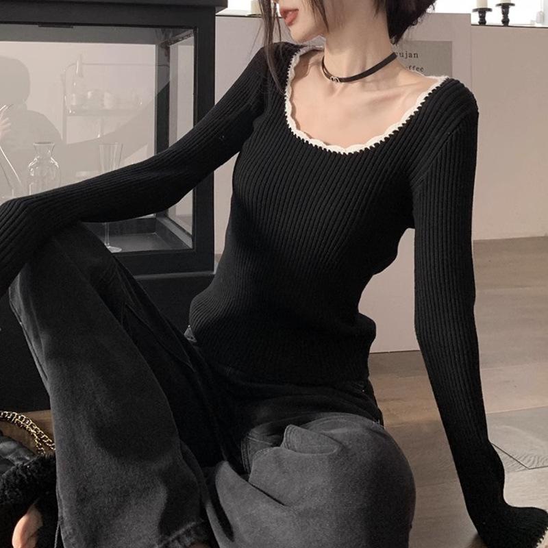 Women's Chic French-Style Knitted Wood Ear Edge Sweater - High-End Short Top for Early Autumn