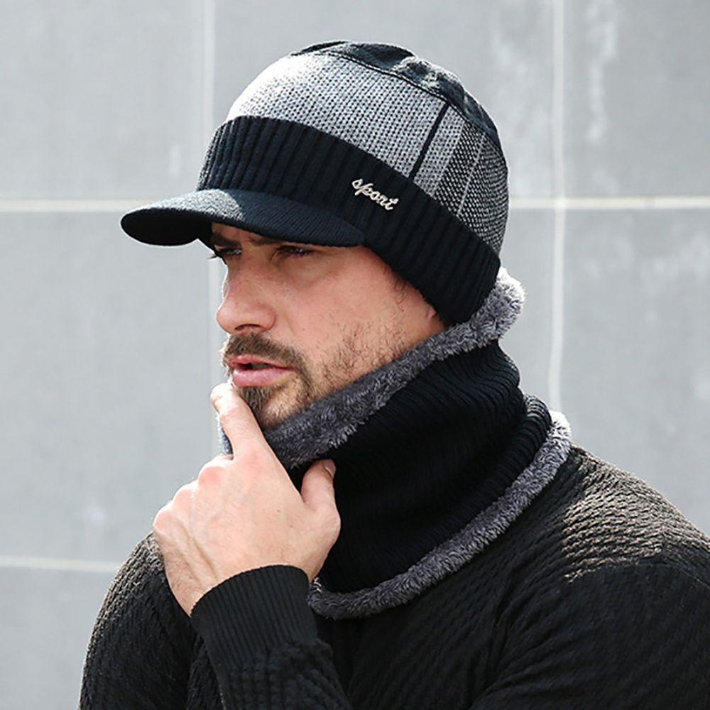 Plush Warm Solid Color Fashion Design Women Face Cap Korean Style Hat With Scarf Men Knitted Beanie