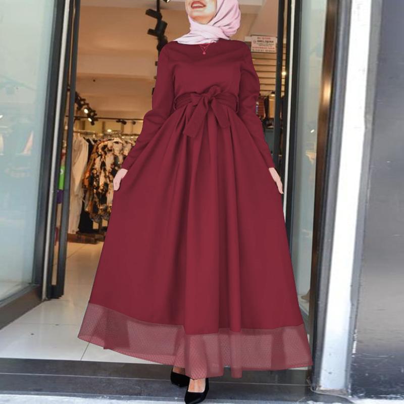 ZANZEA Женское сетчатое пэчворк-повседневное платье с круглым вырезом и длинными рукавами