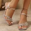Модные туфли-босоножки на высоком каблуке с блестящими кристаллами в виде цветов для женщин, с ремешком на щиколотке, с квадратным носком, для вечеринок и банкетов, летние комфортные сандалии на тонком каблуке