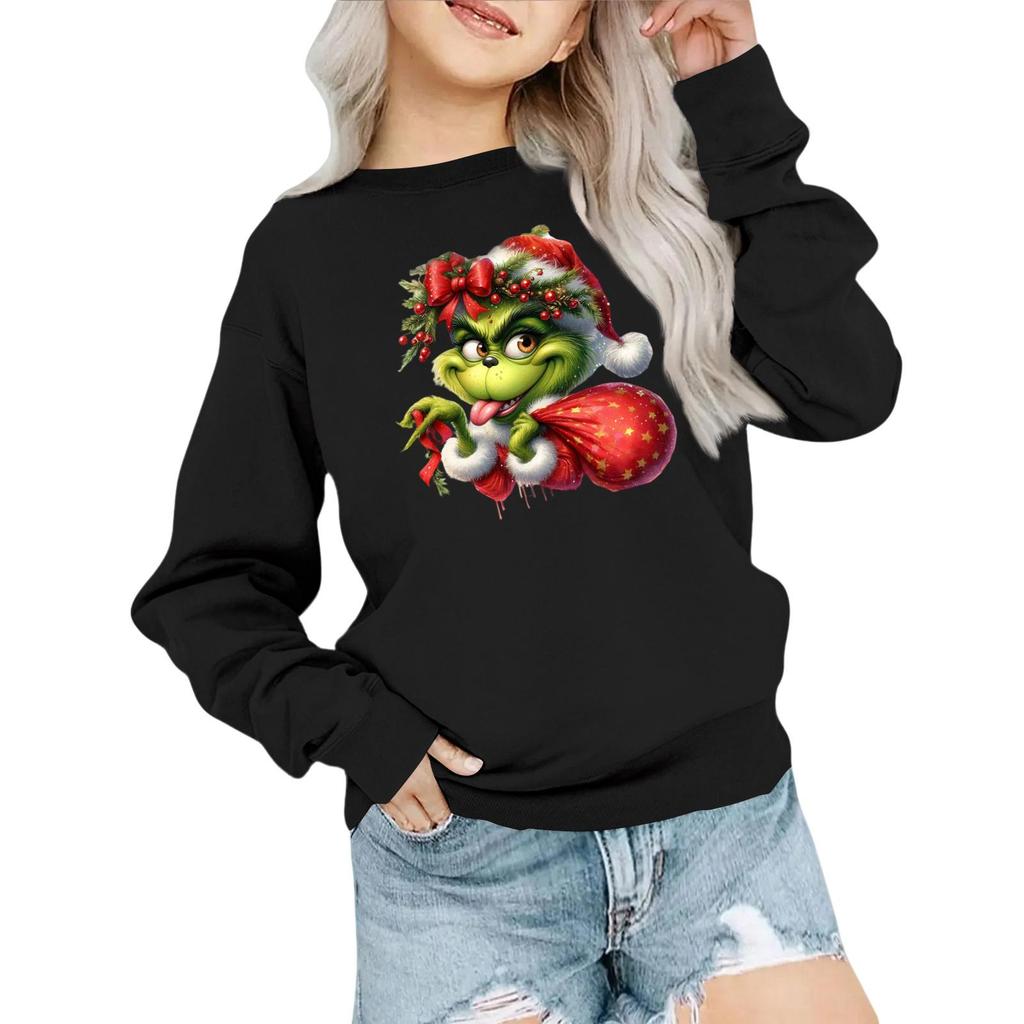 Kids' Fashion Loose-Fit Casual Long-Sleeve Christmas Print Oversized Crewneck Sweatshirt