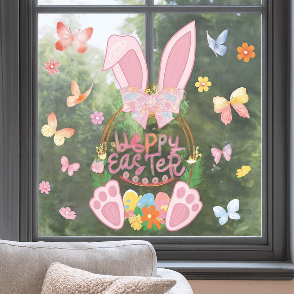 PVC Rabbit Basket Electrostatic Stickers Happy Easter Window Stickers  Ester Decorations