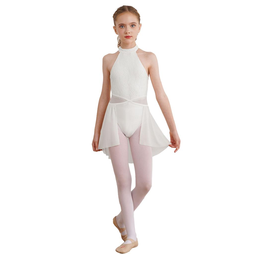Девочки Кружевной Цветочный Танцевальный Купальник Без Рукавов Круглый Вырез Полая Спина Лоскутный Дизайн Неровный Подол Боди с Открытой Передней Частью