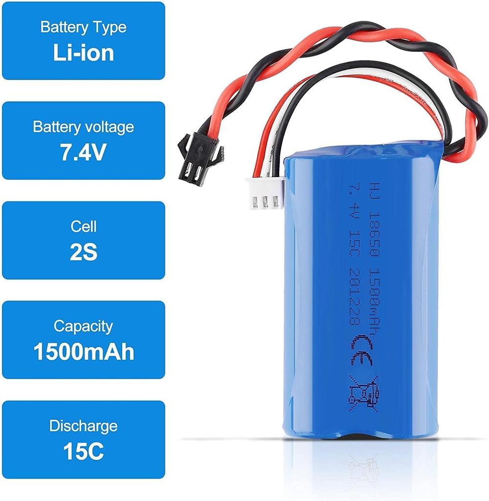 Lipo Battery 1500mAh 7.4V 2S with USB Charging Cable – Compatible with RC Toys U12A S033G Q1 H101 – SM-2P Connector – Long Duration