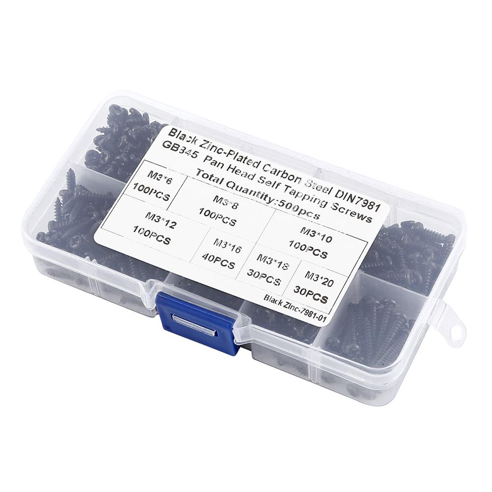 500 шт. Винты M3 Черные саморезы Полукруглая головка Крест Саморез по дереву Набор ассорти 6/8/10/12/16/18/20 мм Углеродистая сталь