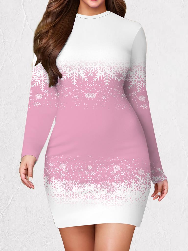2025 Осень и Зима Новое Женское Платье в Облипку, 3D Принт и Окрашивание Снежинок, Женское Модное Платье с Длинным Рукавом и Круглым Вырезом в Облипку
