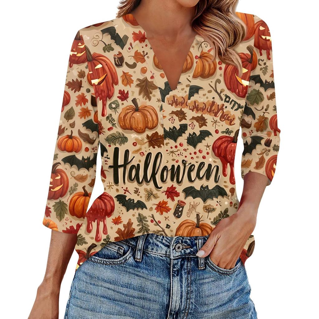 Women's Fashion Casual Lapel 3/4 Sleeve Halloween Print Shirt Women's V-Neck Tops