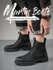 Men's Trendy British-Style Genuine Leather Lace-Up Martin Boots, Thick Sole, High Top, Elastic Design, Suitable for Outdoor Hiking.