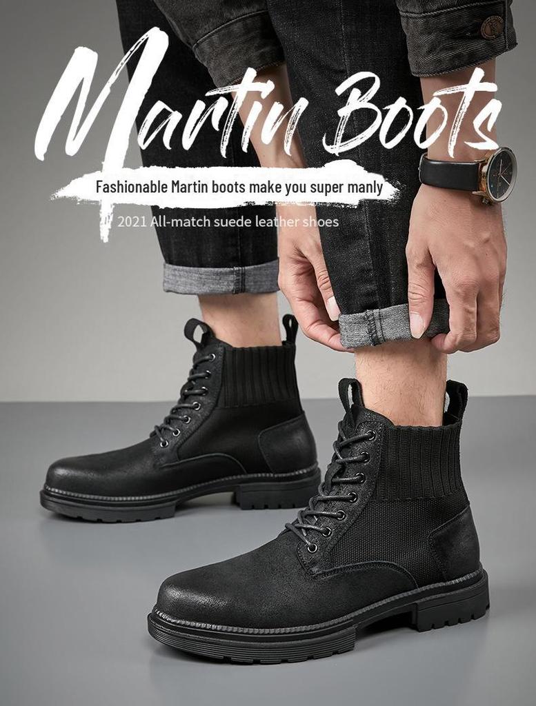 Men's Trendy British-Style Genuine Leather Lace-Up Martin Boots, Thick Sole, High Top, Elastic Design, Suitable for Outdoor Hiking.