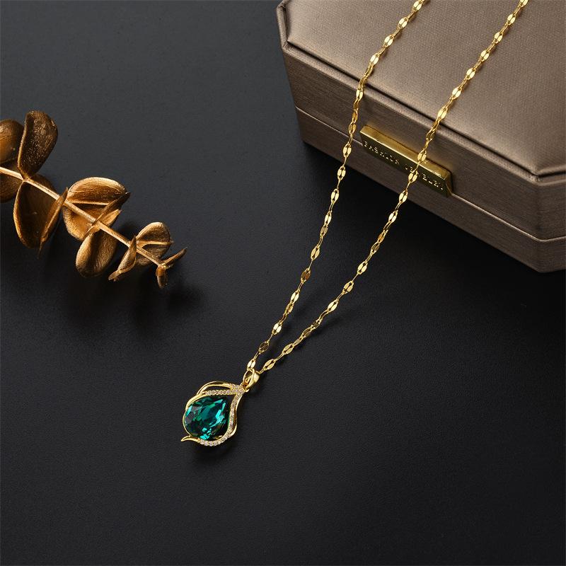 Новые necklaces из нержавеющей стали с зелеными кристаллами в стиле легкой роскоши для женщин, корейская мода, темперамент, сексуальная женская цепочка на ключицы, ювелирные изделия