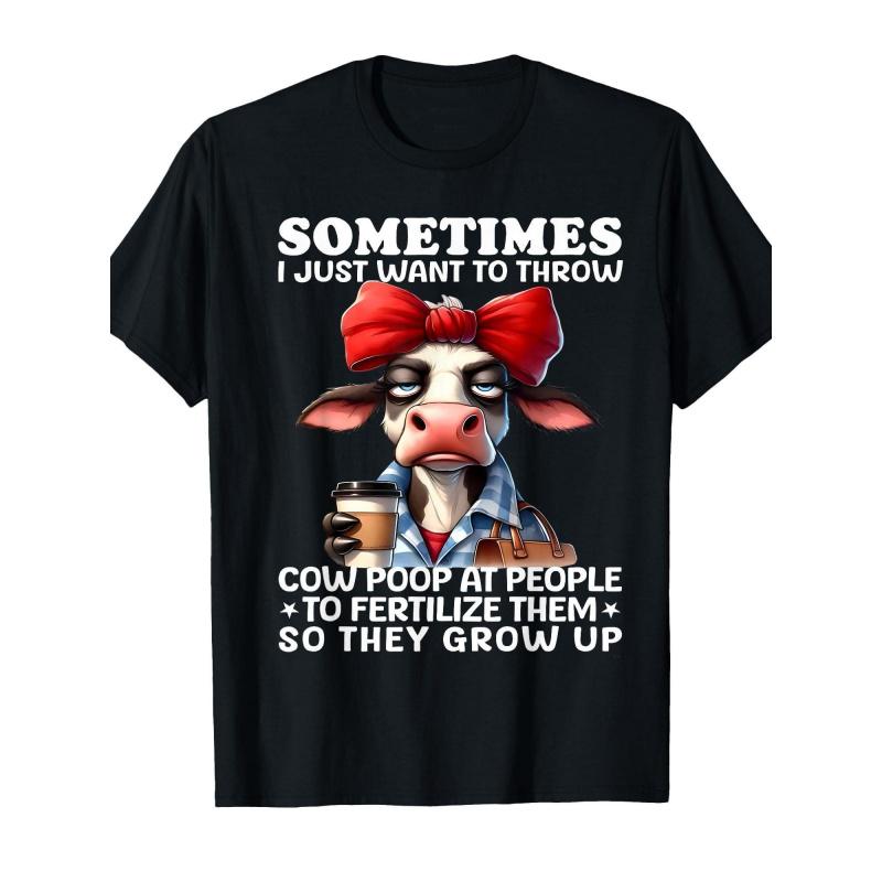 Funny Cartoon Cow T-Shirt - Black Tee featuring Sassy Cow with Red Bow, Blue and White Checkered Shirt, and Coffee Cup - Humorous Graphic Tee with