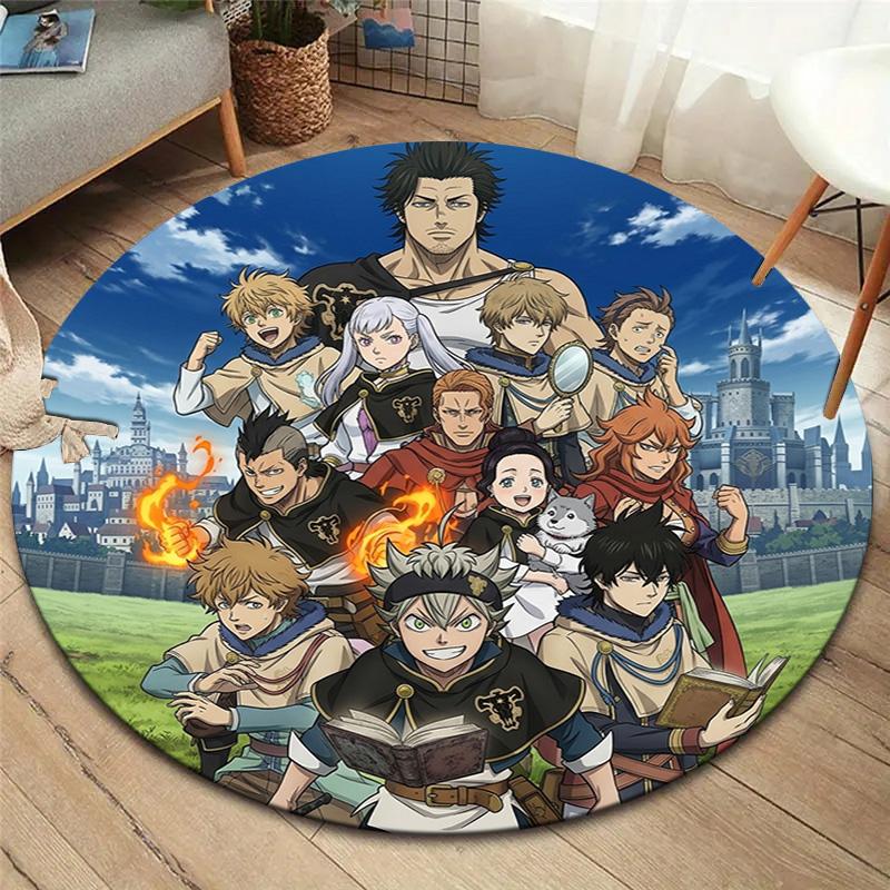 Black Clover Round Area Rug Carpet Rug For Living Room Bedroom Sofa Playroom Decor Nonslip Floor Mat