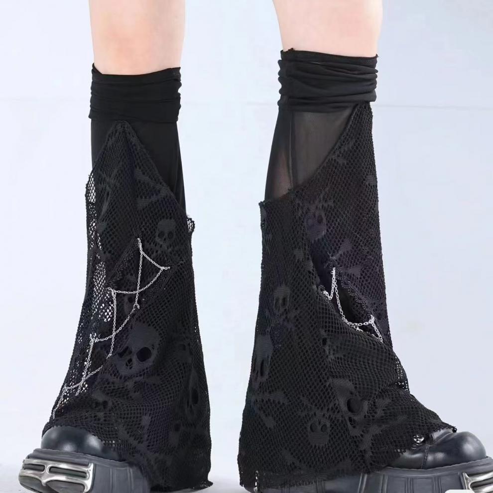 Скелетные сетчатые гетры до бедра: Носки с клёшем и сборками в стиле тёмной субкультуры