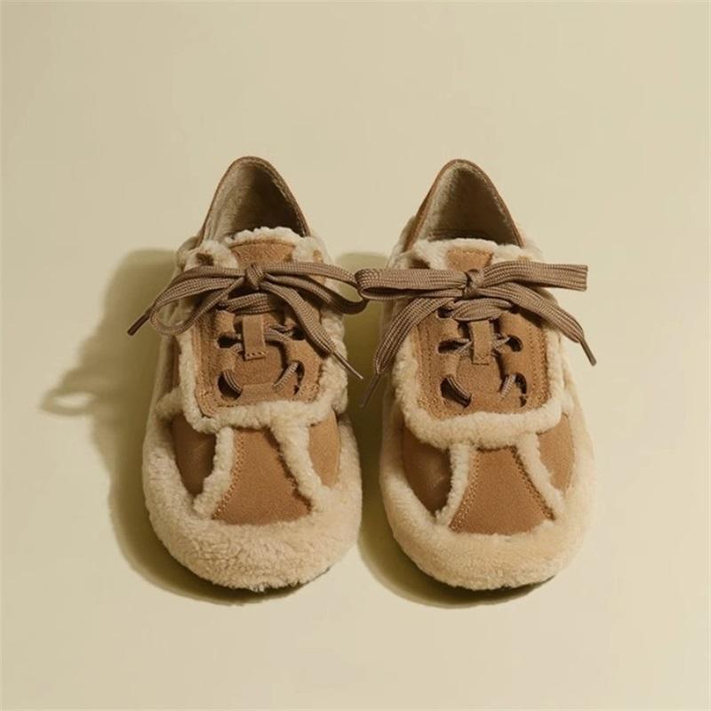 2024 Artificial Fur Flat Shoes Women 2024 New Winter Lace Up Casual Warmth Shoes Versatile Bean Shoes Velvet Snow Boots Retro Style