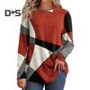Women Geometric Patchwork Color Tops O Neck Long Sleeve Buttons Decor Casual Blouse Loose Fit Tunic Tops