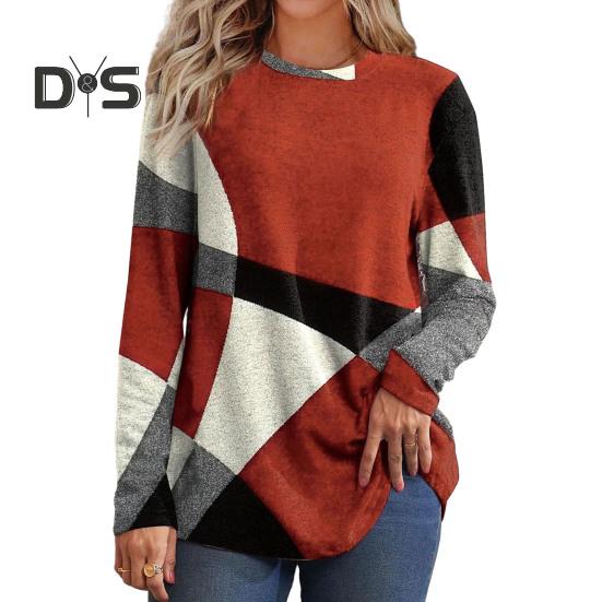 Женские топы с геометрическим узором и лоскутным узором, с круглым вырезом, длинными рукавами, декором из пуговиц, повседневная блузка, свободный крой, туника