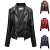 Women's Solid Faux Leather Stand Collar Long Sleeve Slim Fit Jacket Zipper Pockets Biker Coat Slim Style Outerwear