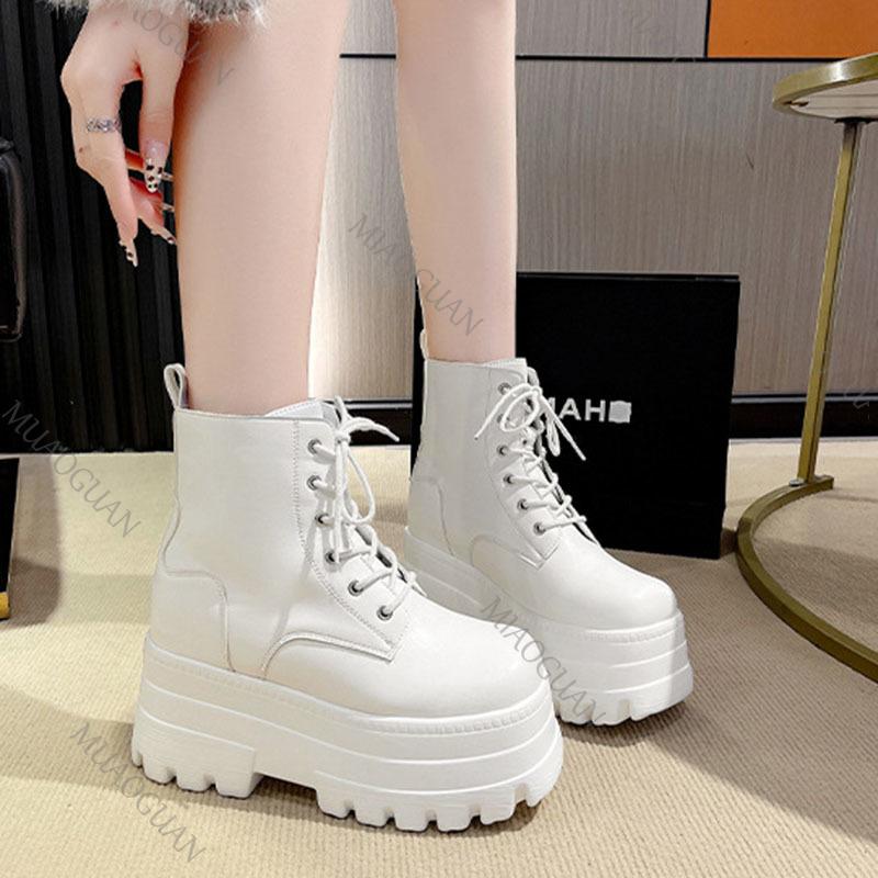 Fashion Women Platform Boots Casual 12CM Chunky High Heels Lace Up Ankle Boots for Women Nightclub Party Black White Heightening Botas