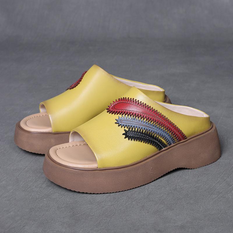 Johnature Тапочки для улицы в стиле ретро с открытым носком и толстой подошвой из натуральной кожи, повседневные женские туфли на танкетке с мягкой подошвой